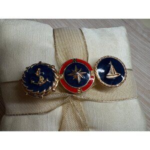 Vintage Nautical-Themed Gold-Tone Brooch Pin Trio Anchor Compass & Sailboat
